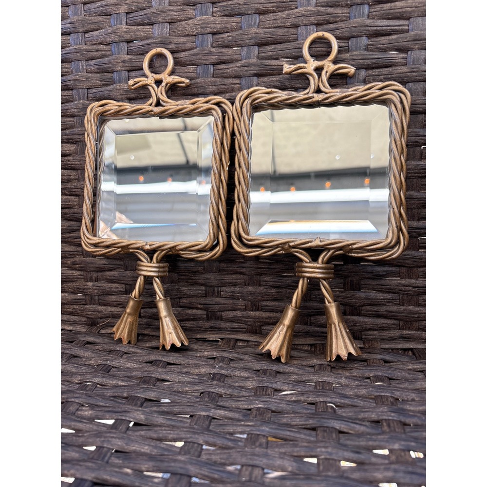 Vintage Gold Twisted Rope Tassel Beveled Wall Mirrors Pair Hollywood Regency